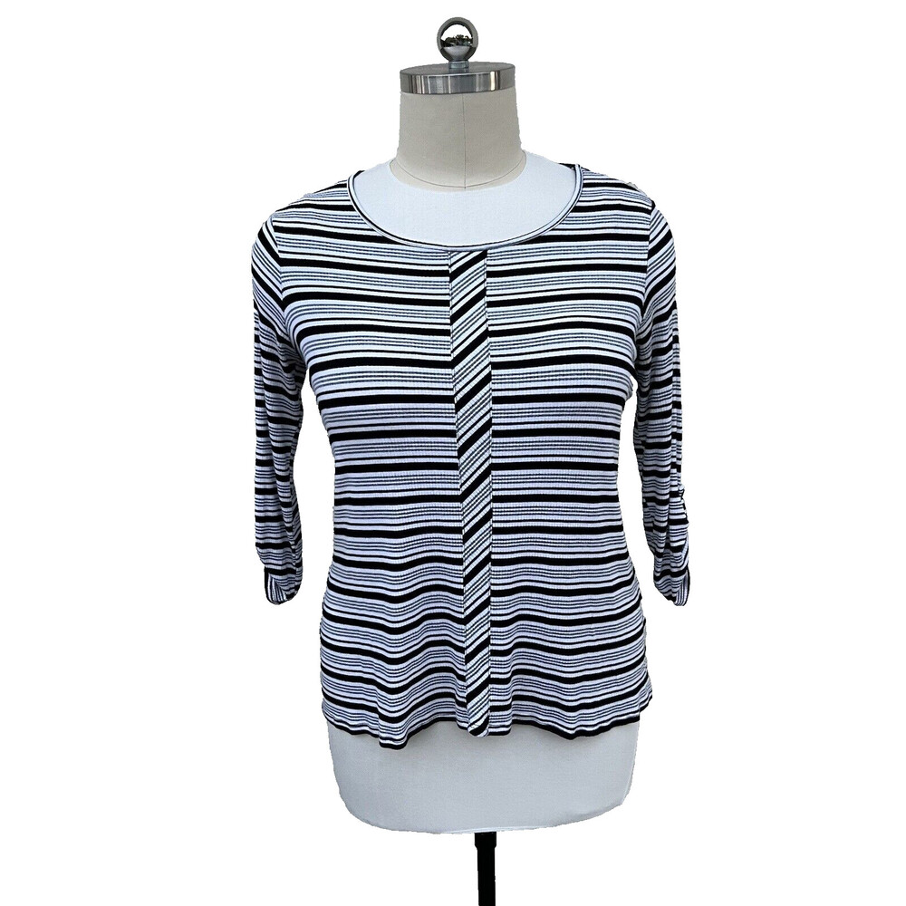 Women's Sunday - Black and White Striped Stretch Scoop Neck Tunic Plus Size 1X